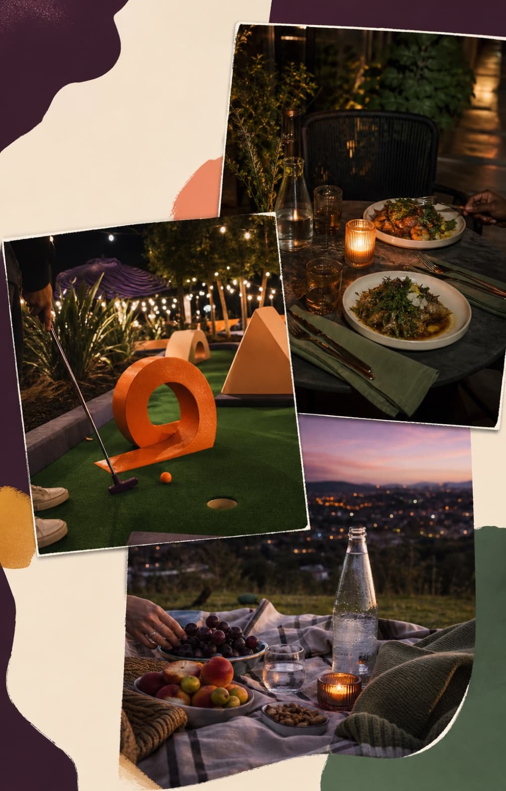 A collage of a restaurant date, mini golf, and a twilight picnic
